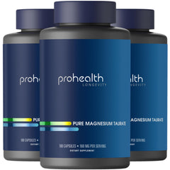 ProHealth Pure Magnesium Taurate bottle label—160 mg per serving for daily wellness support.