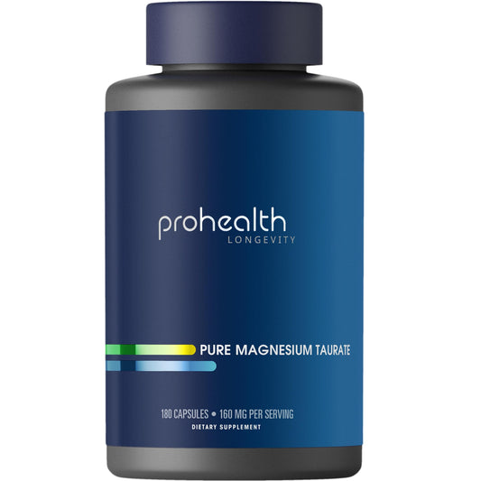 ProHealth Pure Magnesium Taurate bottle being poured; supports heart health and cognitive function.