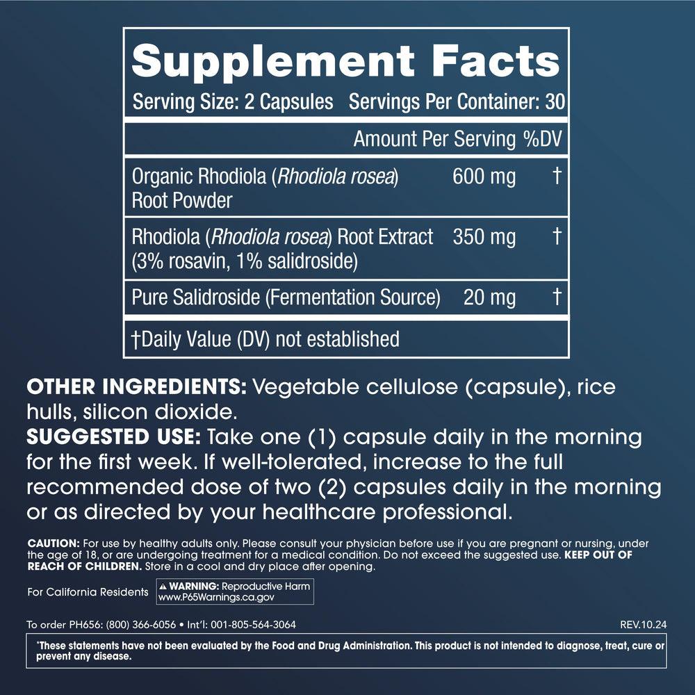 ProHealth Rhodiola capsules close-up, highlighting potency and daily vitality