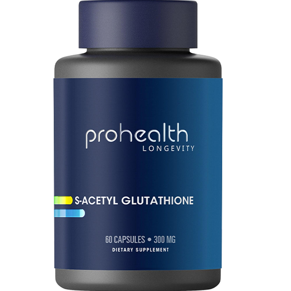 ProHealth S-Acetyl Glutathione Emothion bottle label emphasizes purity and batch transparency.