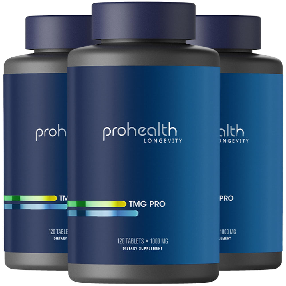 ProHealth TMG Longevity bottle and pills for daily methylation support.