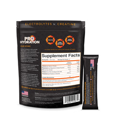 ProHydration blue raspberry stick-pack back view with nutritional highlights.