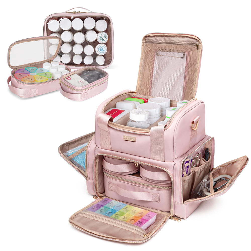 Prokva large medicine organizer bag top section with adjustable dividers for customized storage.