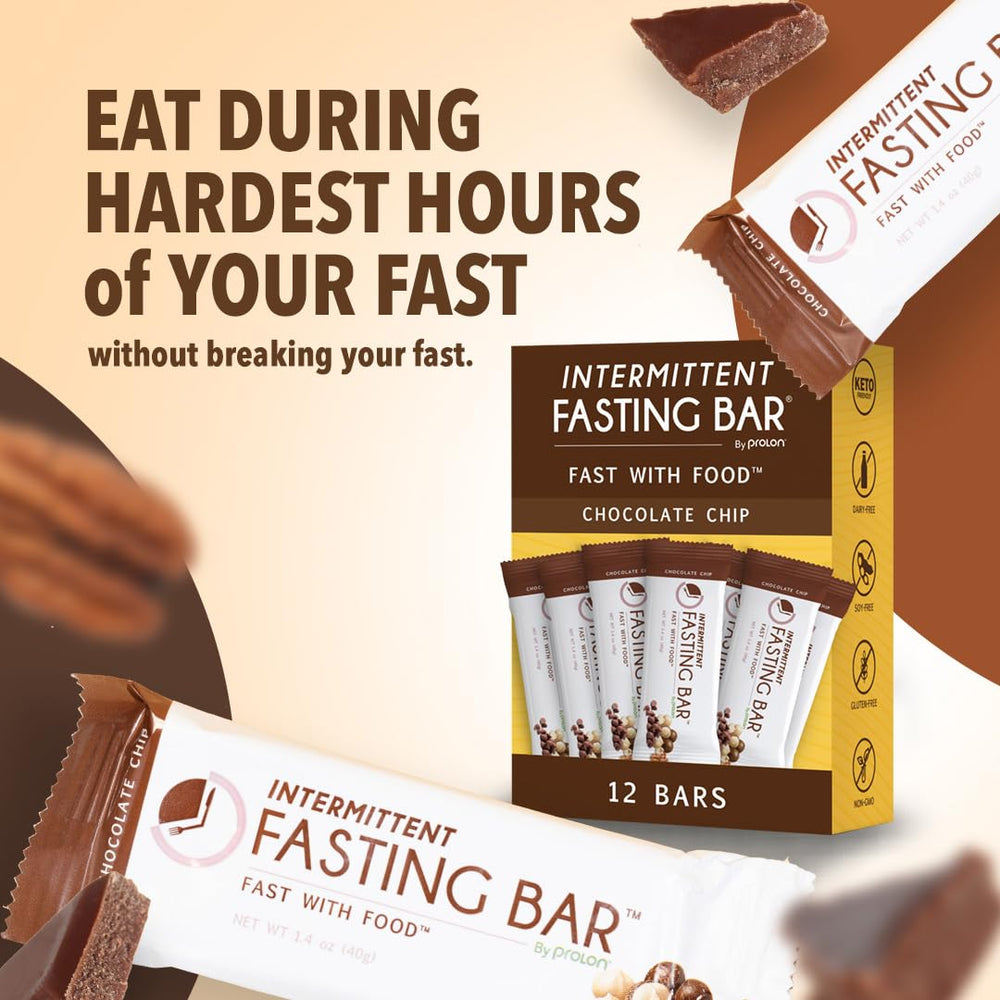 Close-up of Prolon Chocolate Chip bar, rich texture supporting satiety during fasting.