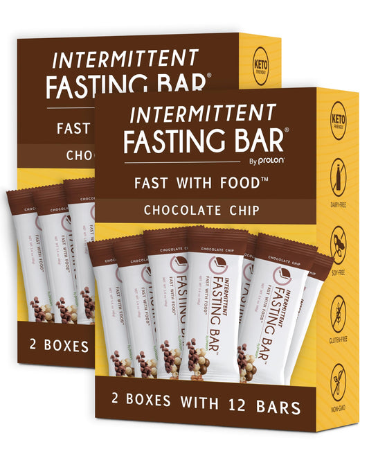 Prolon Fasting Bars Chocolate Chip packaging, convenient fasting snack for busy mornings.