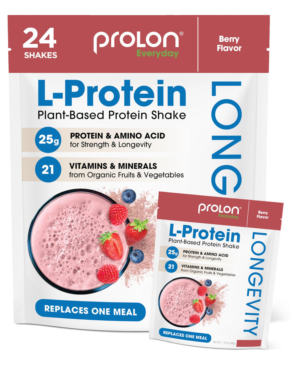 Prolon Longevity Protein packaging in berry flavor, ideal for a plant-based protein boost and aging wellness.
