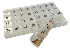 Promed monthly pill organizer with 31 compartments for full-month planning and dosing management.
