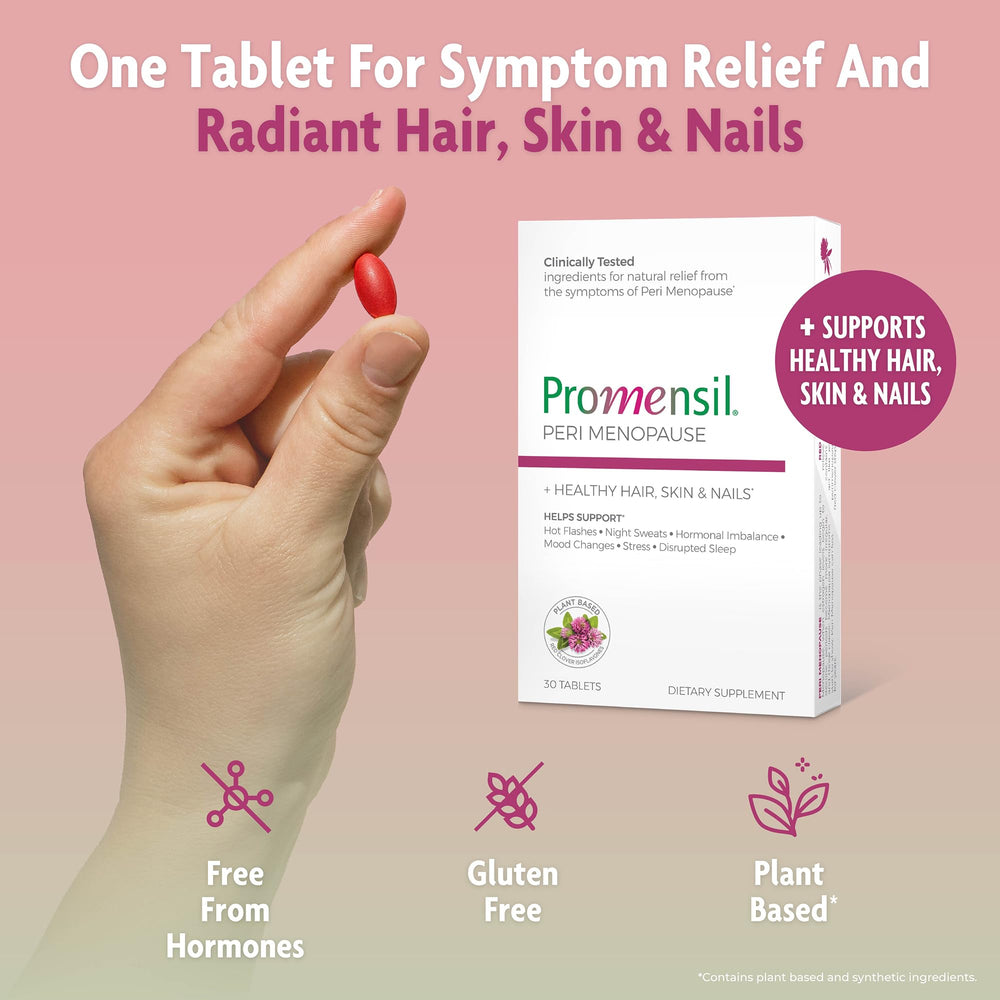 Promensil biotin supports hair, skin, and nails during premenopause.