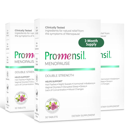 Promensil menopause double-strength bottle shown for daily symptom support