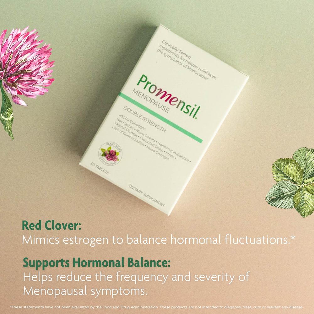 Promensil packaging and label, clear dosage for consistency.