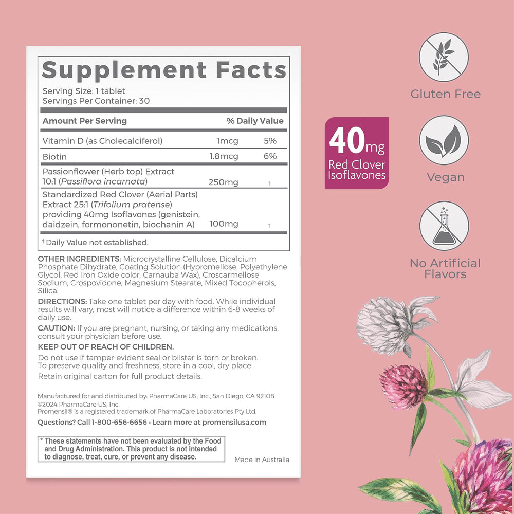 Promensil red clover isoflavones tablets highlight natural phytoestrogens for daily balance.