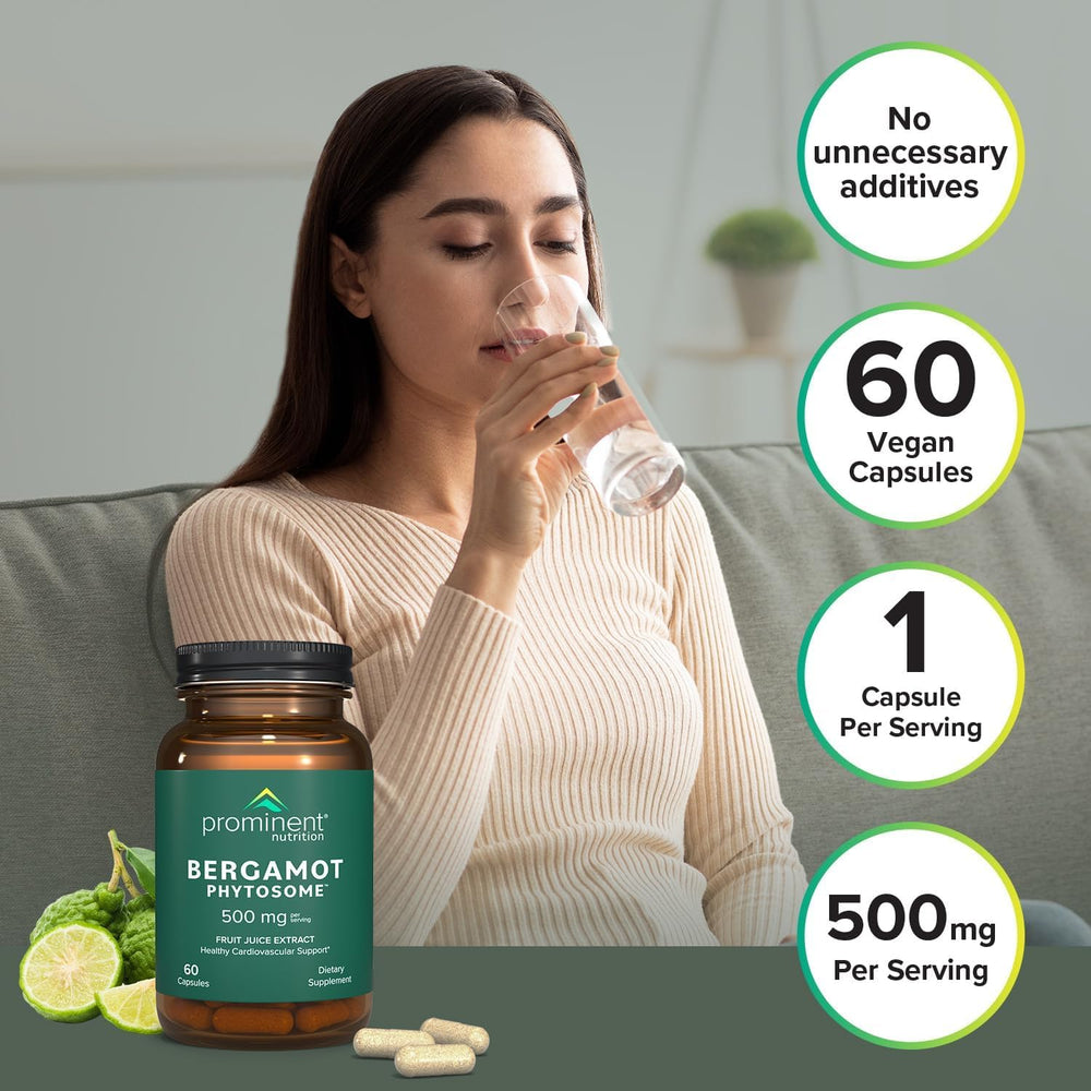 Prominent Nutrition heart health visuals show citrus bergamot in capsule form.