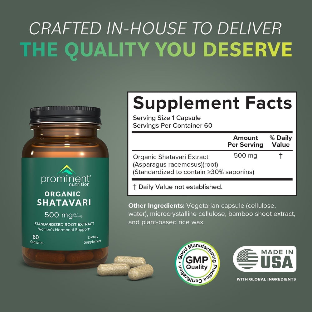 Prominent Nutrition Organic Shatavari Capsules closeup root extract shows standardized 30% saponins