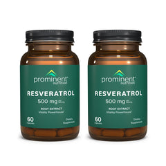 Prominent Nutrition Resveratrol bottle with 500 mg capsules for daily antioxidant support.