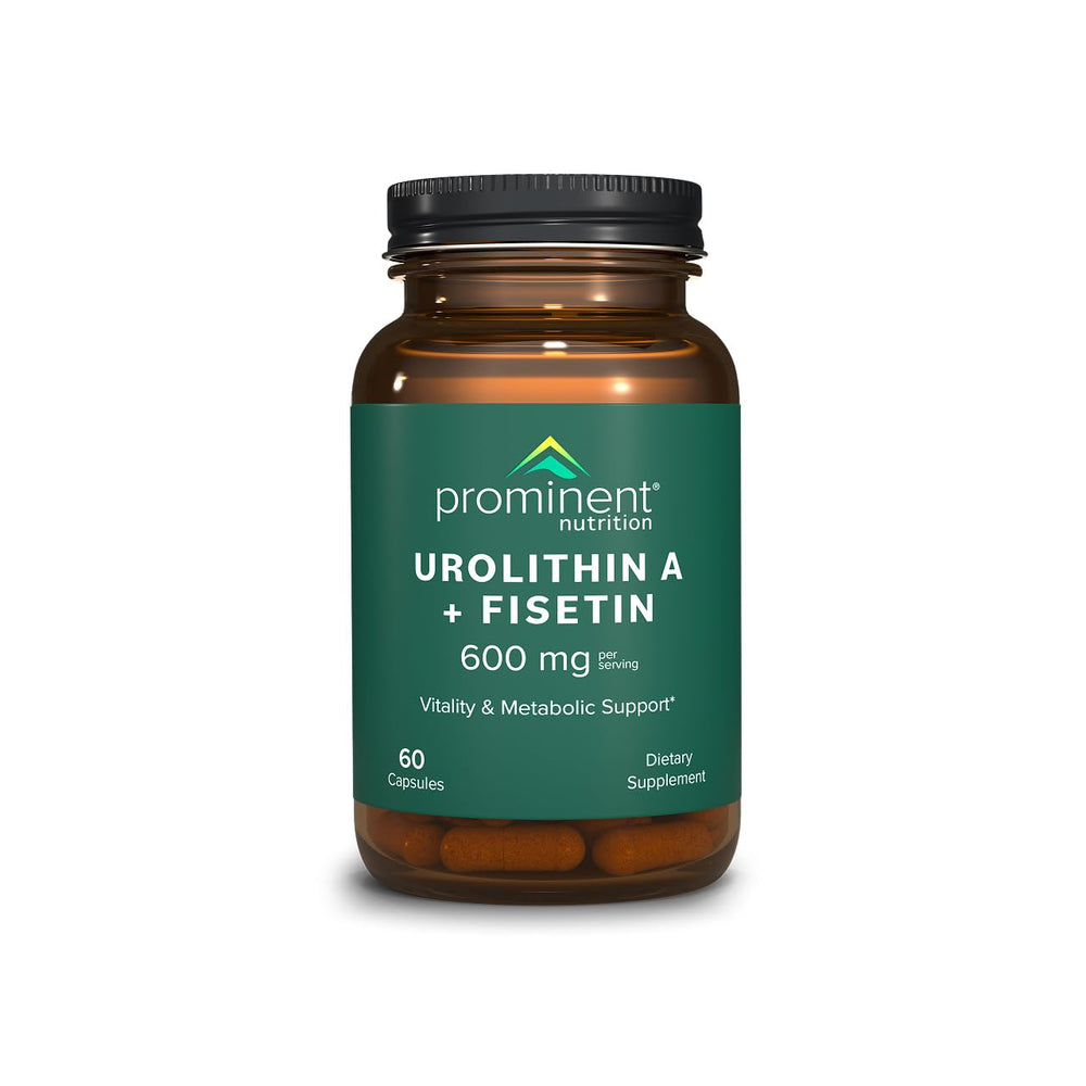 Prominent Nutrition Urolithin A Fisetin bottle front highlighting vegan wellness