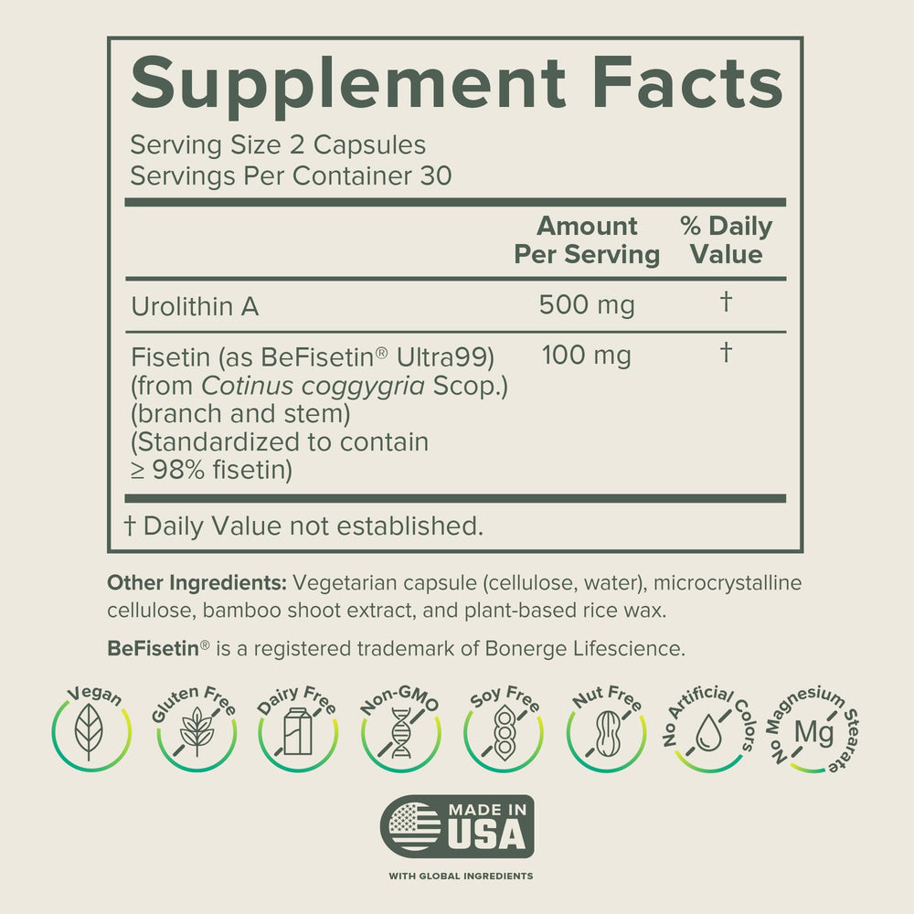 Prominent Nutrition Urolithin A Fisetin bottle side label emphasizes purity