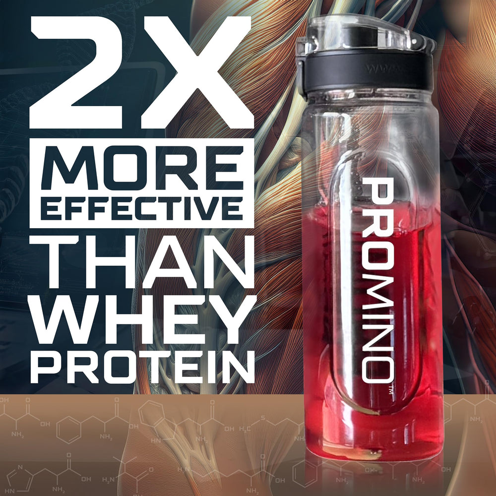 Promino Raspberry flavor scoop beside glass for easy post-workout mix