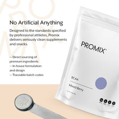 Promix BCAA gluten-free vegan labels on container underscoring clean nutrition.
