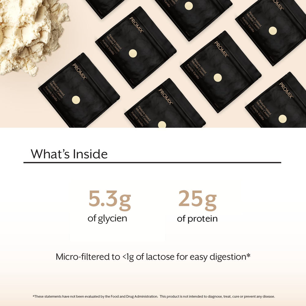 Promix Casein serving scoop shows slow-release protein for overnight recovery