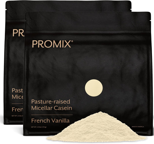 Promix Casein Vanilla powder bag highlighting grass-fed micellar protein and vanilla flavor