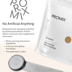 Promix Creatine Monohydrate travel pack close-up shows gluten-free, non-GMO ingredients.