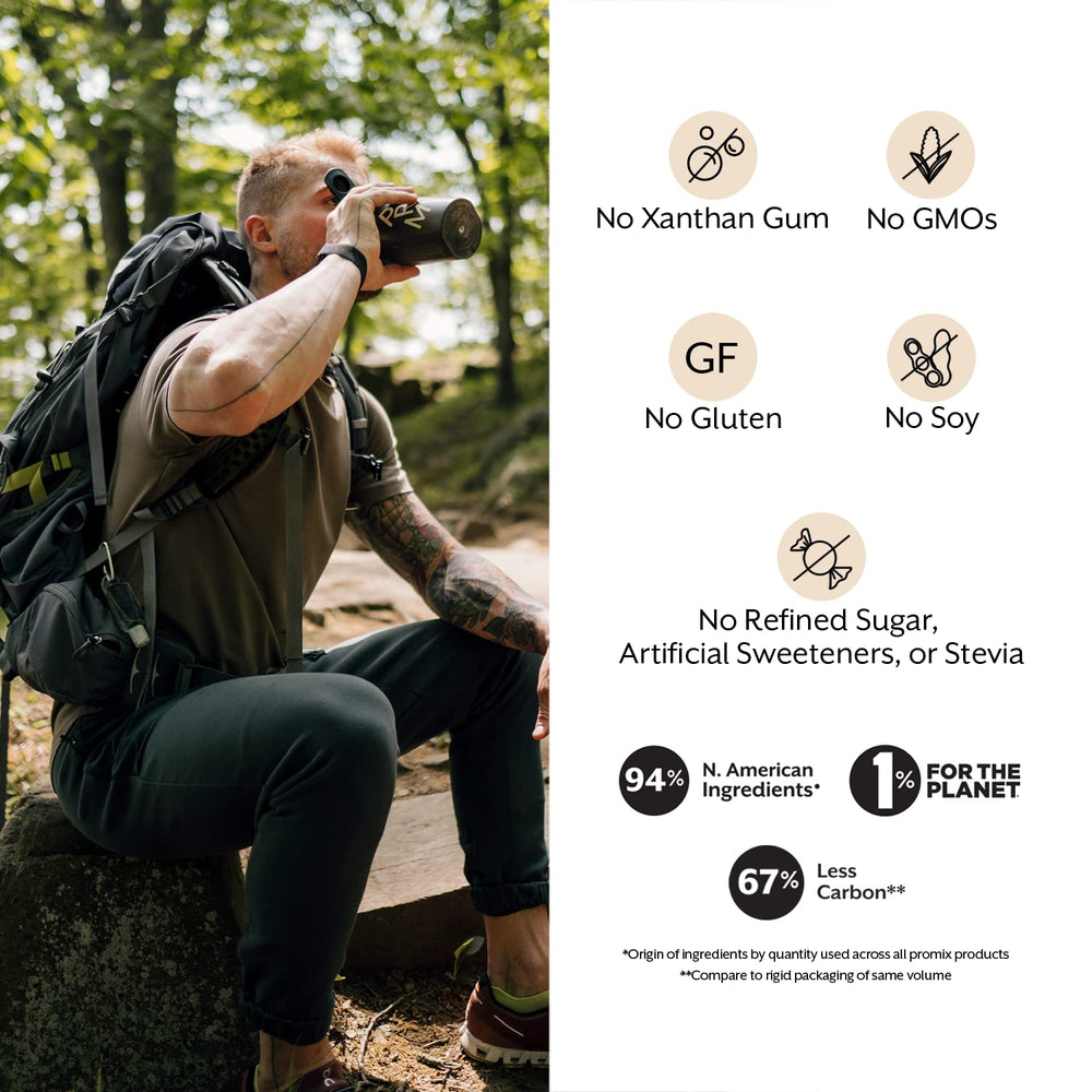 Promix Creatine Monohydrate travel pack beside sports bottle, ideal pre-workout ritual.