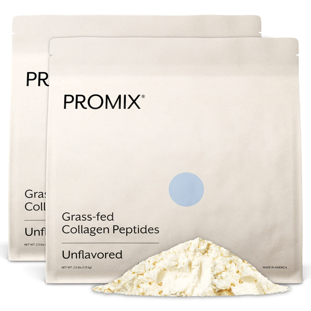 Promix Hydrolyzed Collagen Peptides bag front showing unsweetened, grass-fed formula for easy smoothies.