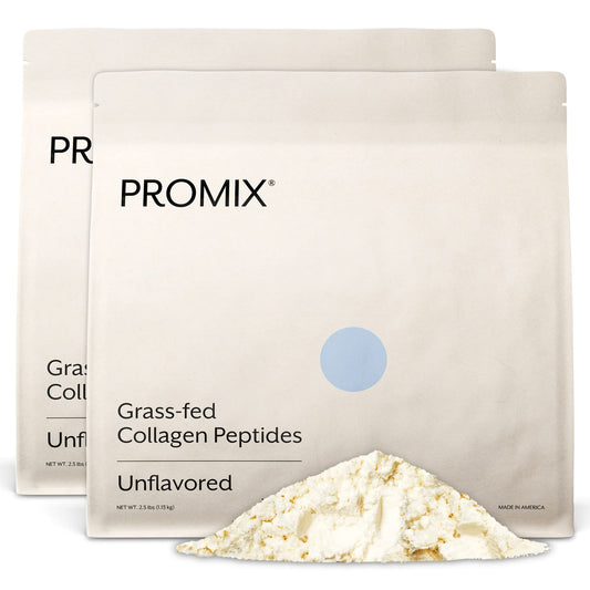 Promix Hydrolyzed Collagen Peptides bag front showing unsweetened, grass-fed formula for easy smoothies.