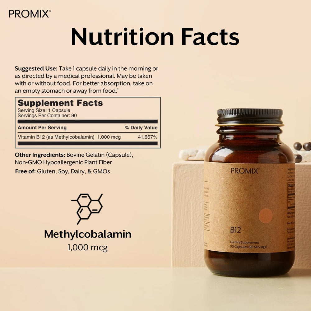 ProMix Nutrition B12 label close-up highlighting 1000mcg potency.