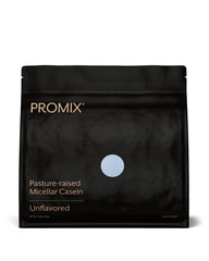 Promix Nutrition Casein powder bottle highlighting grass-fed protein for slow release