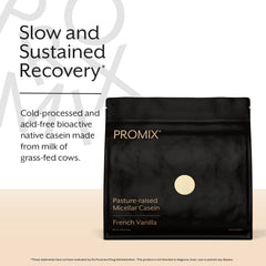 Promix Nutrition casein powder bottle close-up showing micellar protein and clean ingredients