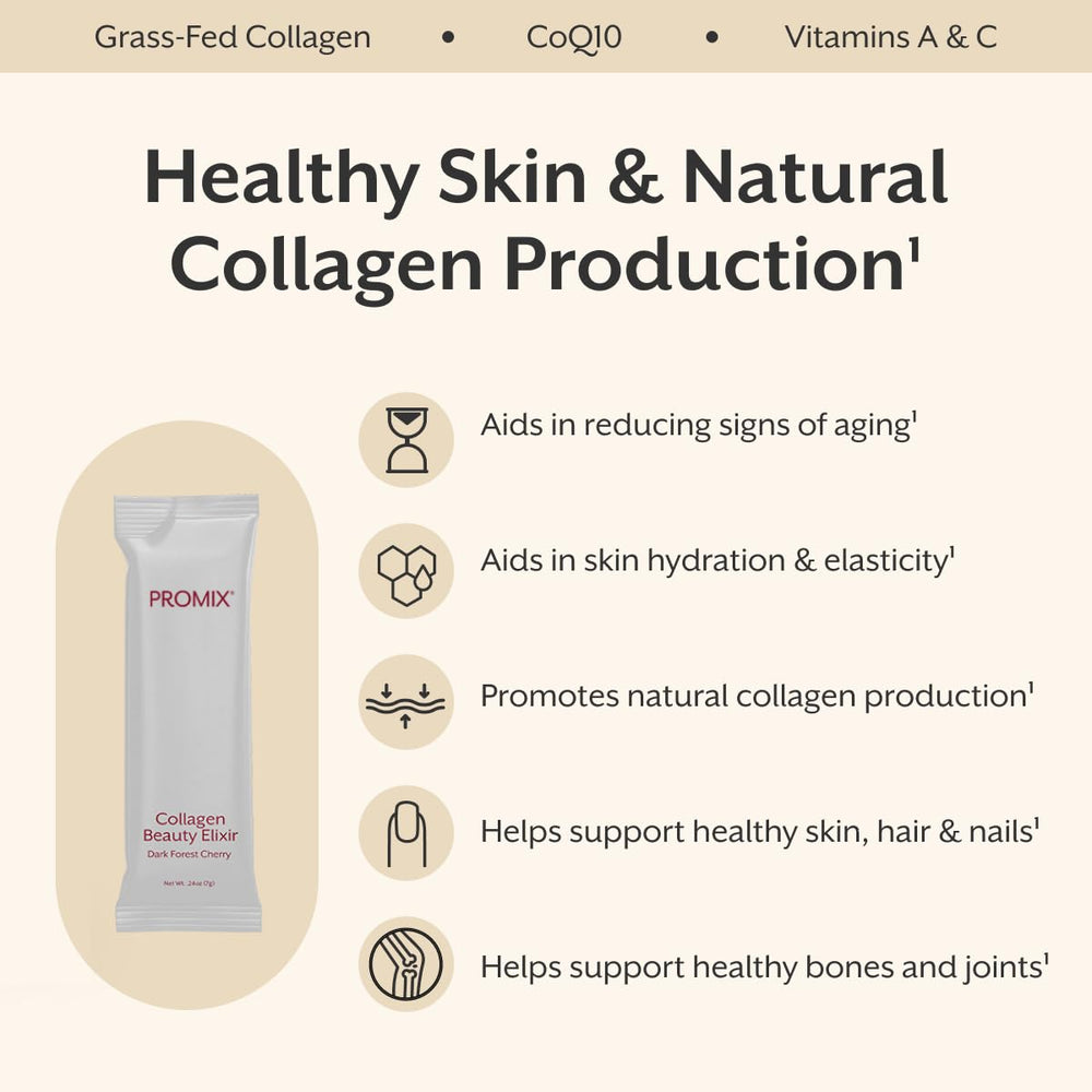 ProMix Nutrition Collagen Beauty Elixir stick-dispensed, convenient daily supplement for radiant-looking skin.