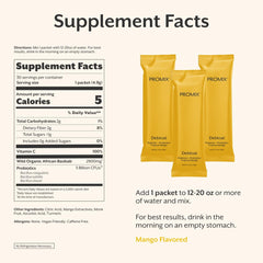 Ingredients panel showing baobab fiber and probiotic strains for gut balance.