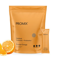 Promix Nutrition Debloat orange tub showing packaging and citrus flavor for daily gut-friendly use.