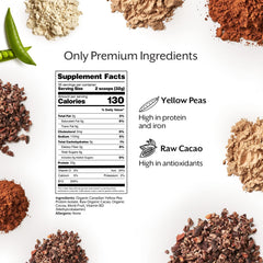 Yellow peas and raw cacao indicate whole-food ingredients.