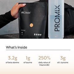 Promix Pre-Workout powder poured into glass highlighting quick mixability