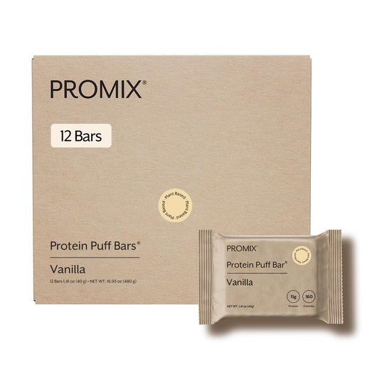 ProMix Nutrition Protein Puff Bars pack shot in French Vanilla, high-protein snack