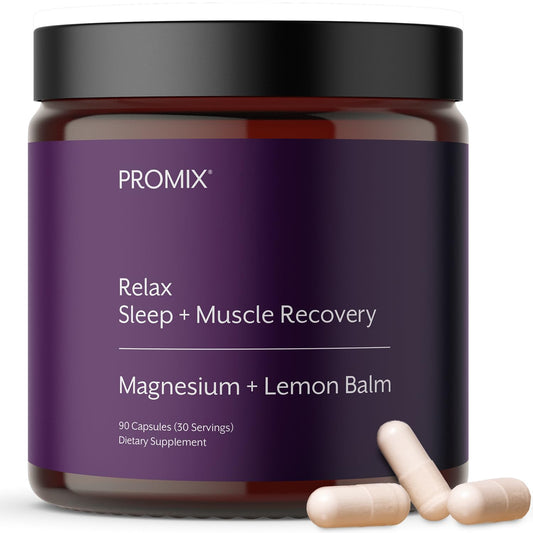 Promix Nutrition Relax bottle on a nightstand suggesting sleep support and recovery.