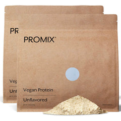 Promix Nutrition vegan protein powder bottle close-up, unflavored and versatile.