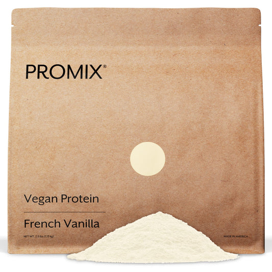 Promix Nutrition vegan protein vanilla tub—high-protein pea blend for post-workout recovery.