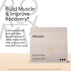 Promix Nutrition whey powder close-up showing glutathione and immunoglobulins.