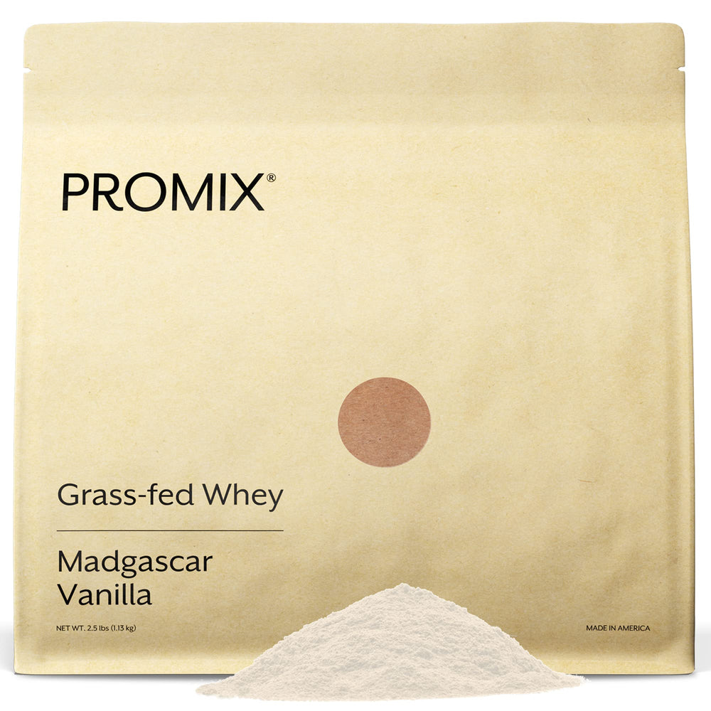 ProMix Nutrition whey vanilla tub front shows grass-fed protein for post-workout fueling.