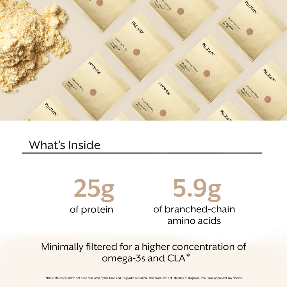 Close-up nutrition label on Promix vanilla whey shows clean ingredients.