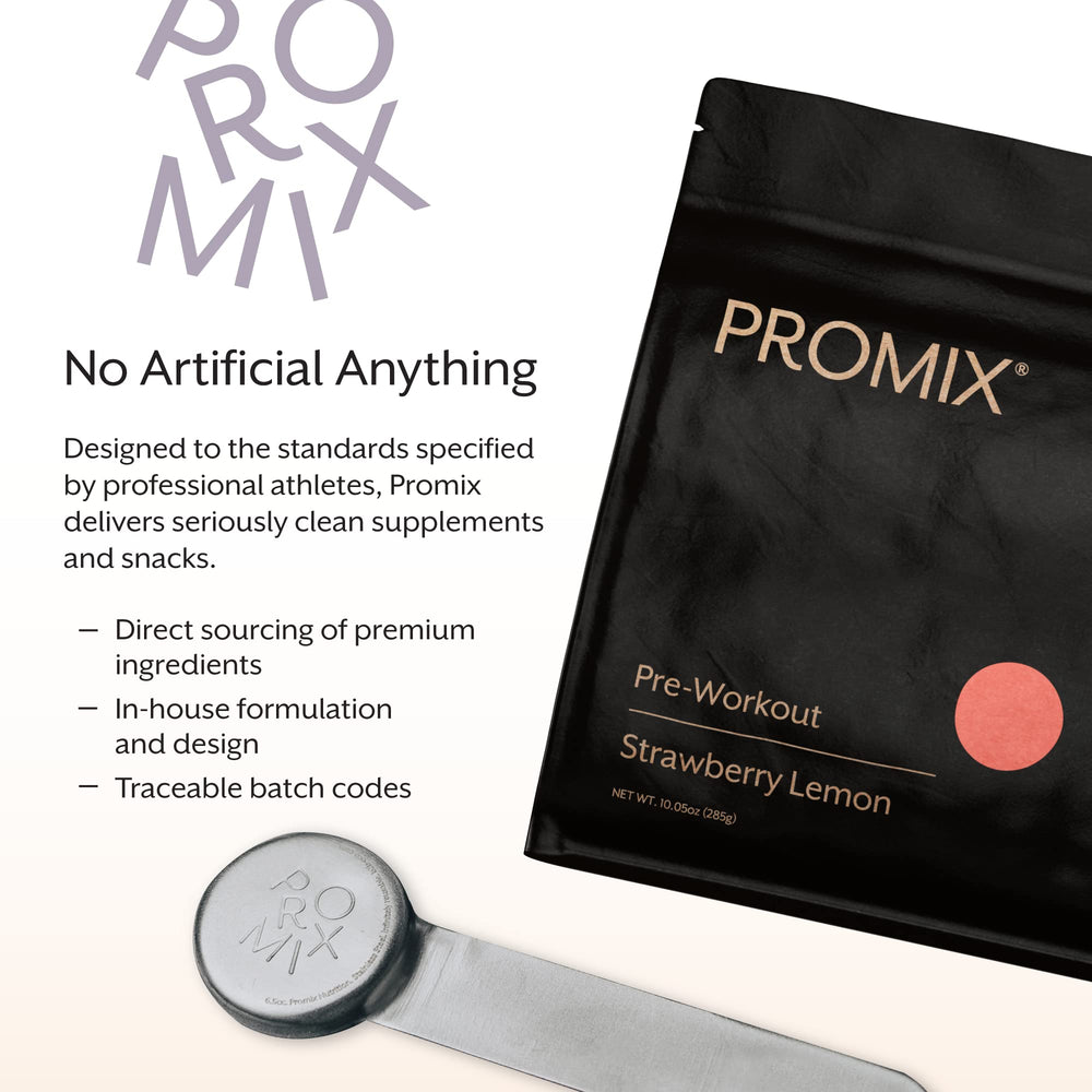 Close-up of Promix Pre-Workout label showing dairy-free and gluten-free attributes