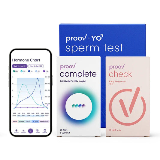 Proov Hers & His kit front packaging for at-home fertility testing.