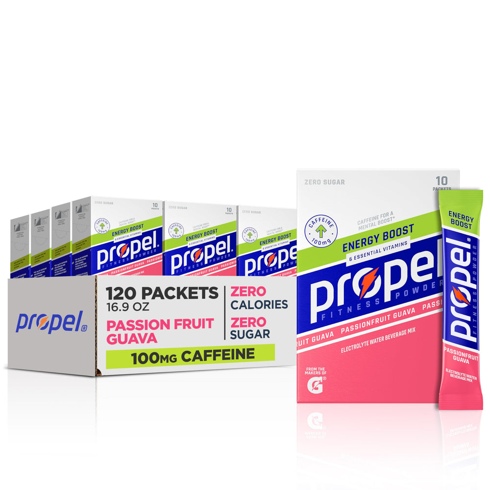 Propel Energy Boost zero calorie packets in Passionfruit Guava packaging for convenient hydration