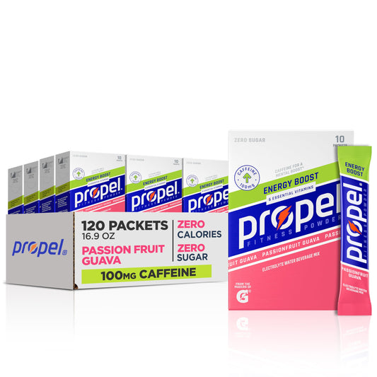 Propel Energy Boost zero calorie packets in Passionfruit Guava packaging for convenient hydration