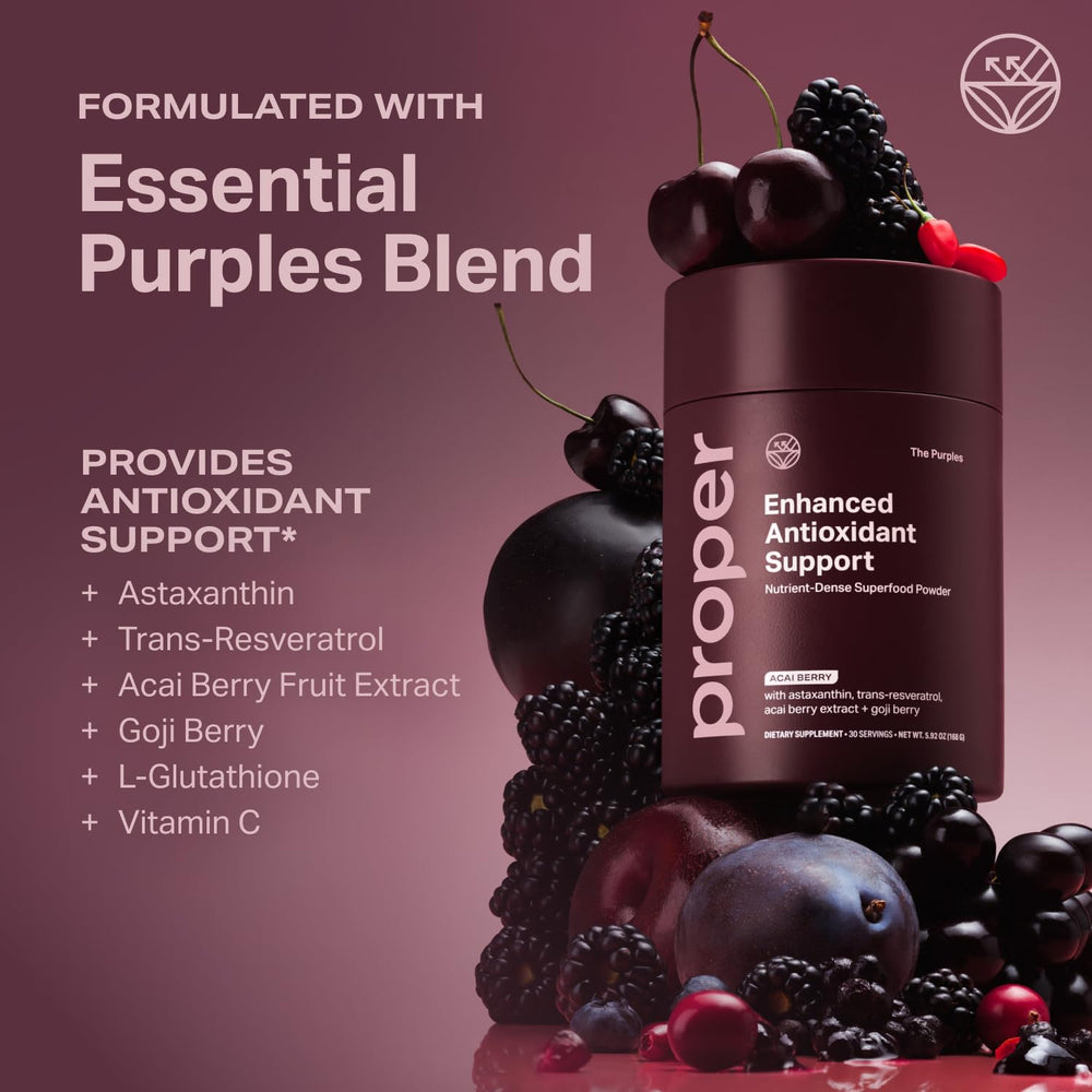 Proper The Purples ingredients panel on tub emphasizes plant-based nutrition.