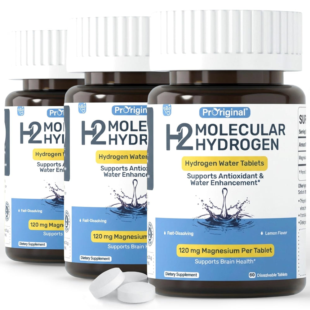 Proriginal hydrogen water tablet dissolving in water for clean hydration and antioxidant support.