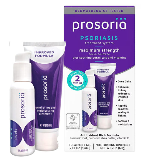 Prosoria treatment system bottle and tubes for daily psoriasis management.
